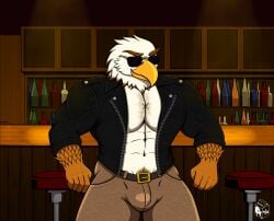anthro balls bar bird eagle genitals gym jacket leather male male_only muscular muscular_anthro muscular_male musk naked night nipples nude smile sunglasses sweat violet_raven