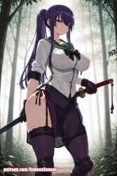 ai_art ai_generated anus big_ass feet fellatio female female_only full_nelson highschool_of_the_dead large_breasts lingerie purple_hair pussy robosusensei saeko_busujima sex