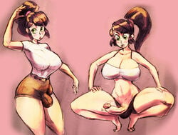 1futa ball_bulge balls balls_under_clothes breasts brown_hair bulge cameltail cleavage curvy erection futa_only futa_sans_pussy futanari green_eyes heart_throb_(nightpickle) huge_breasts nightpickle penis penis_bulge penis_out penis_under_clothes ponytail shirt shorts solo_futa squatting thick_thighs wide_hips