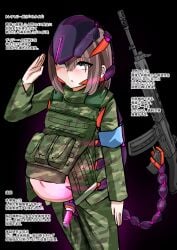 1girl big_belly brown_hair bulletproof_vest camouflage corruption dark_persona green_helmet green_pants green_shirt green_vest grey_eyes helmet highres inflation looking_at_viewer medium_hair military_uniform mind_control original otonof2 pants parasite pregnant restrained sex_machine shirt soldier solo stationary_restraints super_belly translation_request vest woodland_camouflage