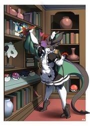 anthro book bookshelf bulge clothed clothing comic crossdressing dusting feather_duster furniture furry girly maid_uniform male nintendo noivern pawsmasher penis_outline pokémon_(species) pokeball pokemon pokemon_(species) sex_toy shelves uniform video_games