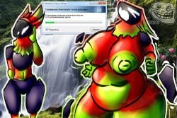 anthro belly big_belly big_breasts big_butt big_nipples breasts butt digital_creature expansion fat_belly female machine microsoft microsoft_windows nipples not_for_bread overweight overweight_anthro overweight_female protogen solo surprised thick_thighs transformation wide_hips windows_7 zip_bomb