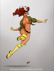 1girls anna_marie breasts breasts_out female female_only gloves jacket japes jumping marvel marvel_comics no_panties pinup rogue_(x-men) solo solo_female superheroine thigh_boots x-men