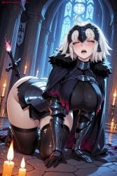 1girl ahoge ai_generated all_fours armor black_legwear blush breasts candle cape chain fate_(series) fire fur_trim gauntlets half-closed_eyes headpiece hi_res high_quality high_resolution indoors jeanne_alter jeanne_d'arc_(alter)_(fate) jeanne_d'arc_(fate)_(all) kiraamane kneeling large_breasts looking_at_viewer open_mouth patreon seductive sexy short_hair silver_hair solo sword thighhighs uncensored watermark weapon yellow_eyes