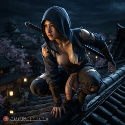 ai_generated assassin's_creed_(series) assassin's_creed_shadows exposed_breasts fujibayashi_naoe futa_sans_pussy futanari hood intersex naikedart night ninja pent_up rooftop solo stable_diffusion throbbing_penis torn_clothes