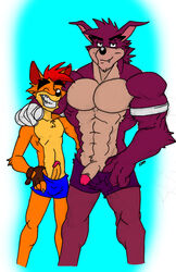 2boys activision anthro arm_around_shoulders arody athletic bandicoot blue_underwear bulge clothing clothing_aside color colored colored_sketch crash_(series) crash_bandicoot crunch_bandicoot duo erection fur gay male male/male male_only mammal marsupial muscular muscular_male orange_body orange_fur penis poking_out purple_underwear red_body red_fur size_difference smile standing underwear underwear_aside video_games yaoi