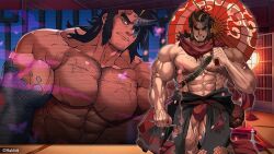 1boy abs ahoge another_eidos_of_dragon_vein_r bara beard_stubble beefy biceps big_areola big_bulge black_sclera breasts broad_shoulders brown_hair bulge bulge_through_clothing butterfly chest_hair collarbone daddy dilf falling_petals flaccid flower_petals forked_eyebrows fragrance gay genital_outline half_demon happy_trail heterochromia hi_res holding_object hunk japanese_room kimono kongoh_(another_eidos) leg_hair long_hair looking_at_viewer male male_breasts male_only manly mature_male moobs muscles muscular muscular_arms muscular_legs muscular_male muscular_neck muscular_thighs mustache_stubble navel oni_horns pecs pink_smoke quadriceps revealing_clothes rybiok sake_bottle scar scar_on_chest scarf six_pack smile smirk smoking_pipe solo standing stone_arm straps tassles tatami thick thick_arms thick_eyebrows topless tough_guy triceps umbrella veiny_arms veiny_breasts veiny_hands yaoi yellow_eyes