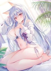1girl :o animal_ear_fluff animal_ears breasts cleavage female female_only fox_ears fox_girl highres large_breasts long_hair looking_at_viewer navel original panties red_eyes side-tie_panties sitting solo stomach thighs underwear wariza white_panties yatanukikey