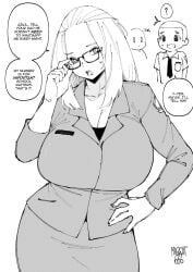 1boy 1girl ? artist_name breasts cleavage collarbone collared_shirt english_text glasses greyscale hand_on_own_hip highres inne_sulistya_robin large_breasts monochrome necktie norman_maggot open_mouth original shirt speech_bubble spoken_question_mark sweat translation_request