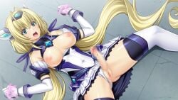 1girl antenna_hair blonde_hair blue_eyes breasts breasts_out censored chest_jewel clothing_aside covered_navel detached_sleeves elbow_gloves erection exs-tia_spica futa_sans_balls futanari futasub game_asset gloves inoino katsuragi_shiori kouyoku_senki_exs-tia large_breasts leotard leotard_aside long_hair low_twintails lying magical_girl mosaic_censoring nipples non-web_source official_art on_back open_mouth panties panties_aside penis pussy restrained self-datamine skirt solo thighhighs twintails underwear very_long_hair visual_novel_cg white_gloves white_panties