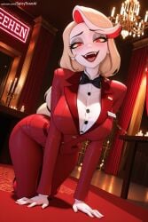 1girl ai_generated black_neckwear blush bow bowtie breasts buttons fangs female female_only formal half-closed_eyes hi_res high_quality high_resolution indoors jacket large_breasts looking_at_viewer open_mouth pants patreon patreon_username red_eyes red_jacket seductive sexy smile solo spicytoonai suit teeth uncensored watermark white_hair