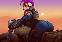 1girls armor back_view backboob background big_ass big_breasts blazbaros bodysuit breast_press breasts curvy desert elbow_pads female female_only forehead_ridges genestealer goggles_on_forehead gradient_hair high_collar holstered_weapon huge_ass huge_breasts imperium_of_man mohawk motorcycle pale-skinned_female pale_skin pistol purple_eyes purple_hair purple_lips seductive_look seductive_smile sideboob solo solo_female thick_thighs tyranid warhammer_(franchise) warhammer_40k wide_hips