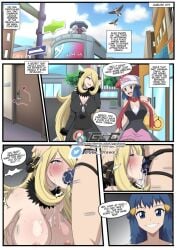 age_difference artist_name bangs beanie bent_over blonde_hair blowjob blue_hair blush breasts cleavage clothed clothing comic creatures_(company) cynthia_(pokemon) dawn_(pokemon) dialogue dress duo female fur_collar fur_trim game_freak ggc hair_ornament hair_over_one_eye hairclip heart human indoors jacket light-skinned_female light_skin long_hair long_sleeves miniskirt nintendo pink_skirt pokemon pokemon_(game) pokemon_dppt pussy red_scarf scarf sidelocks skirt sleeveless_shirt smile speech_bubble strap-on tears white_headwear yuri