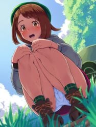 ! 1girls ass blush boots boris_(noborhys) cameltoe censored clothed female female_only footwear gloria_(pokemon) grass hat looking_at_viewer nintendo open_mouth outdoors panties pokemon pokemon_ss pussy skirt socks solo squatting tam_o'_shanter thick_thighs wet wide_hips