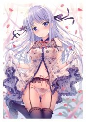 1girl ass_visible_through_thighs babydoll babydoll_lift bare_arms bare_shoulders black_thighhighs blush bow bow_panties breasts buttons cameltoe cowboy_shot crotch_seam floral_print frills front_slit garter_belt gloves groin hair_ribbon half_updo head_tilt highres hiiragi_asuka_(twinbox) large_breasts leg_up long_hair looking_at_viewer mole mole_under_eye multi-strapped_panties navel nipples nipples_visible_through_clothing open_mouth original panties petals purple_eyes purple_hair revealing_clothes ribbon see-through_clothes shoes sidelocks solo sousouman stomach thighhighs thighs twinbox_school underwear white_babydoll white_gloves white_panties