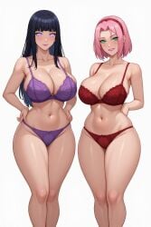 2girls ai_generated bangs big_ass big_breasts black_hair bob_cut cleavage curvy curvy_female curvy_figure fair_skin fair_skinned_female green_eyes hair huge_breasts hyuuga_hinata lavender_eyes long_hair naruto_(series) naruto_shippuden naughty_one perchance_ai pink pupilless_eyes purple_bra purple_panties red_bra sakura_haruno seductive seductive_female seductive_look seductive_smile short_hair thick_thighs uchiha_sakura uzumaki_hinata voluptuous voluptuous_female wide_hips