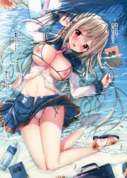 1girl ass_visible_through_thighs bag bare_legs beach blonde_hair blue_skirt blush book bottle bra breasts buttons cameltoe cleavage cupless_bra female female_only flower from_above highres large_breasts long_hair long_sleeves looking_at_viewer lying maeda_shiori miniskirt navel necktie nipples on_back open_clothes open_mouth open_shirt original panties pink_necktie red_eyes sandals shirt side-tie_panties skirt solo stomach sunflower thighs twinbox_school underwear very_long_hair water water_bottle white_panties white_shirt wing_collar
