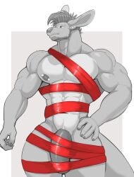 2024 abs absurd_res anthro beard big_penis black_claws blue_eyes claws ear_piercing facial_hair genitals hi_res kangaroo macropod male mammal marsupial monochrome muscular nipple_piercing nipples penis piercing red_ribbon seff_(dissimulated) simple_background solo vexedlupine white_background wrapped