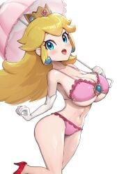 belly belly_button big_breasts bikini bimbo blonde_hair blue_eyes crown earrings gonzarez high_heels large_breasts light-skinned_female mario_(series) nintendo pink_bikini princess princess_peach red_shoes tagme white_background white_gloves