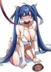 1girl ahoge alternate_costume armlet bare_shoulders blue_eyes blue_hair blush bowl bracelet breasts clenched_teeth commentary gradient_hair hair_intakes halterneck harem_outfit highres iuno_(wuthering_waves) jewelry kneeling large_breasts leash long_hair looking_at_viewer multicolored_hair nose_blush parted_lips pelvic_curtain pet_bowl simple_background solo streaked_hair teeth thighlet twintails twitter_username v-shaped_eyebrows veca viewer_holding_leash white_background wuthering_waves