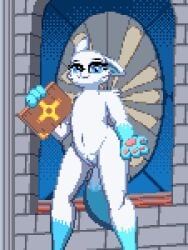 anthro book church digital_media_(artwork) felid feline female fish!_(game) flat_chested fur genitals inside looking_at_viewer low_res mammal navel nipples nude nude_anthro nude_female pixel_(artwork) priest pristina_(character) religion religious_symbol smile smiling_at_viewer solo standing tail vulva white_body white_fur zeka10000