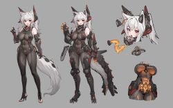 1girl absurdres animal_ear_fluff animal_ears armor bare_shoulders black_bodysuit bodysuit breasts claw_pose claws commentary_request dildo_gag facial_mark female female_only full_body gag gauntlets grey_background headgear high_heels highres large_breasts looking_at_viewer mask mouth_mask nose_tube original plug_gag reference_sheet standing stmast tail tail_armor tiptoes tongue tongue_out twintails white_hair wolf_ears wolf_tail yellow_eyes