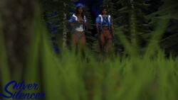 2girls 3d aged_down ana_amari black_hair blender dark-skinned_female dark_skin daughter depth_of_field forest mother mother_and_daughter overwatch pharah silsil tattoo tattoos time_paradox