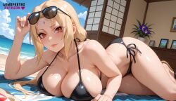 ai_assisted ai_generated ass beach big_breasts bikini blonde_hair breasts cleavage female female_only lewdfeetai naruto naruto_(series) naruto_shippuden solo sweat thick tsunade