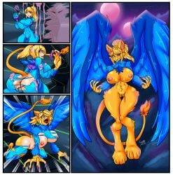 absurd_res all_fours alternate_species anthro anus avian bangs beak big_breasts blaster blonde_hair blue_body blue_eyes blue_feathers blue_fur border breasts butt claws clothing colored_nails comic crotch_tuft digitigrade eyebrows eyelashes feather_hair feathers female flying frown fur genitals glowing_nails gryphon hair hair_over_eye hallway hi_res hip_tuft horrified human human_to_anthro large_wings leg_tuft long_ears long_hair long_tail looking_at_viewer mammal metroid mountain mythological_avian mythological_creature mythology nails navel nintendo nipples nude nude_anthro nude_female open_beak open_frown open_mouth personality_change pink_nails pink_nipples pink_slime ponytail pseudo_hair purple_sky red_eyes samus_aran screaming sky skyscape slime solo species_transformation spread_wings star starry_sky story story_in_description surprised tail tail_tuft talon_hands thigh_tuft tight_clothing toe_claws toki_cat torn_clothing transformation transformation_by_substance transformation_sequence tuft two_moons vulva white_border wide_hips wings yellow_body yellow_feathers yellow_fur zero_suit