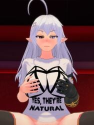 ahoge big_breasts blue_eye demon demon_girl disgust disgusted disgusted_expression disgusted_look female fondling_own_breast geega grabbing_own_breast gray_hair heterochromia indie_virtual_youtuber koikatsu koikatsu_(medium) large_breasts light-skinned_female long_hair looking_down_at_viewer pointy_ears pussy_out_of_frame red_eye stockings t-shirt virtual_youtuber vtuber