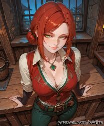 absurd_res ai_generated alternate_version_at_source alternate_version_available cute cute_face dark_skin fantasy female female_focus female_only from_above green_eyes hair_buns hi_res highres indoor indoors indoors_sex inside interracial light-skinned_female light_skin looking_at_viewer looking_pleasured medieval night ozziru patreon red_hair self_upload sexy sexy_body sexy_female sexy_pose sidelocks solo solo_female solo_focus sorceress standing tavern the_witcher_(series) the_witcher_3:_wild_hunt tied_hair triss_merigold uncensored witch