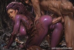 1boy 1girl absurdres ahegao ai_generated anal anal_penetration anal_sex anime_style anus armor ass ass_focus biomechanical breasts dark-skinned_male detailed_background detailed_face digital_art doggystyle duo exoskeleton female from_behind glossy_skin glowing_eyes hetero highres huge_ass huge_breasts large_breasts long_hair lui_bei male oiled_skin open_mouth organic_armor penis purple_hair purple_skin queen_of_blades realistic sarah_kerrigan shiny_skin starcraft starcraft_2 sweat sweatdrop tentacle_hair thick_thighs tongue uncensored vaginal wet yellow_eyes zerg