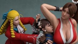 3d 3d_(artwork) 3girls armpit_fetish armpit_licking armpit_sniffing armpits asian asian_female big_breasts blender catfight chun-li disgusted dominant_female fatal_fury female_only femdom highres karin_kanzuki lesbian_domination mai_shiranui smell smelly_armpits source_filmmaker street_fighter sweaty_armpits yellowluxaresfm yuri