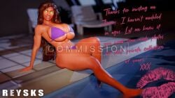 2026 3d alien alien_girl commission dc dc_comics green_eyes huge_breasts injustice_2 kiss_mark koriand'r model modeling orange_skin photo photoshoot pinup pinup_pose pool poolside purple_bikini rysketches sitting starfire starfire_(injustice) swimsuit text
