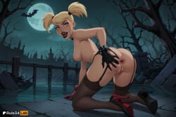 1girls ai_generated anus artist_name ass bat_(animal) batman_(series) black_choker black_footwear black_garter_belt black_gloves black_lips black_thighhighs blonde_hair breasts choker dc_animated_universe dc_comics dcau eyeshadow fangs female_human full_moon garter_straps gloves goth_fashion graveyard halloween harley_quinn harley_quinn_(dcau) hi_res high_heels lipstick looking_at_viewer looking_back makeup medium_breasts moon night nipples nude open_mouth outdoors presenting pussy red_eyes rule34lab short_twintails smile solo solo_female spikes spread_anus spread_ass teeth thighhighs tree twintails uncensored vampire