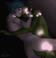 2d_(gorillaz) ace.tpz dark_atmosphere gorillaz holding kissing_neck murdoc murdoc_niccals passionate passionate_sex pleasure_face stuart_pot