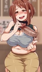 1girl absurdres aroused belly blush_stickers boku_no_hero_academia breasts brown_eyes brown_hair brown_skirt censored chanwara_06 cleavage clothes_lift commentary_request covered_nipples cum cum_on_body cum_on_hands cum_on_penis cumdrip disembodied_penis drooling grabbing_another's_penis green_sweater grey_sports_bra highres kneeling large_breasts large_penis looking_at_penis mosaic_censoring mouth_drool navel open_mouth penis penis_awe short_hair skirt sleeveless sleeveless_sweater solo_focus sports_bra sweater sweater_lift teeth testicles thick_eyebrows thick_thighs thighs tongue turtleneck turtleneck_sweater upper_teeth_only uraraka_ochaco