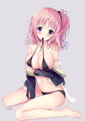 1girl absurdres ahoge arm_under_breasts bare_shoulders barefoot between_legs bikini black_bikini black_jacket blazer blush breasts circle_name cleavage collarbone embarrassed full_body grey_background hand_between_own_legs highres izumi_kaori_(twinbox) jacket large_breasts long_hair long_sleeves looking_at_viewer mouth_hold navel one_side_up open_clothes open_jacket open_shirt original parted_lips pink_hair purple_eyes raised_eyebrows shiny_skin shirt simple_background sitting solo sousouman stomach sweat swimsuit tearing_up tears untied_bikini wariza white_shirt