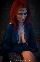 1girls 3d alf3d bed bedroom breasts cd_projekt_red earrings female freckles freckles_on_face light-skinned_female light_skin looking_at_viewer mascara necklace nightie red_hair solo solo_female the_witcher_(series) the_witcher_3:_wild_hunt triss_merigold