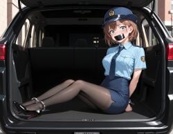 1girls ai_generated arms_behind_back blue_eyes bondage brown_hair gag gagged handcuffed handcuffs_on_ankles hat in_vehicle looking_at_viewer police_uniform policewoman tape_gag