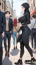 1futa ai_generated big_balls big_penis bulge bulge_through_clothing flaccid flaccid_penis futanari hijab huge_cock hyper_genitalia hyper_penis large_penis public saggy_balls side_view tight_clothing tight_pants visible walking