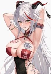 aegir_(azur_lane) agir_(azur_lane) arms_behind_back arms_behind_head arms_up big_boobs big_breasts dress female female_only horn horns horns_girl horny_female light-skinned_female light_skin tattoo tattoo_on_breast tattoo_on_chest tattoo_on_legs tattooed_arm tattoos tattoos_everywhere thick white_hair yellow_eyes