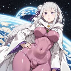 ai_generated bodysuit cloak colored_pupils czero2011 digital_media_(artwork) dynamic_angle dynamic_pose emilia_(re:zero) futanari hair_flower hair_ornament hair_ribbon half-elf hand_on_hip hip_dips long_sleeves medium_breasts navel_outline nipple_bulge pale_skin penis_bulge planet plump_lips pointed_ears re:zero_kara_hajimeru_isekai_seikatsu skin_tight solo space stars thick_thighs thigh_gap toned_body very_long_hair violet_eyes white_hair white_pupils wide_hips x_hair_ornament