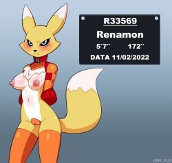 1girls 2022 anthro areolae armbinder arms_behind_back artist_name bandai_namco blush bondage bound boxbinder breasts cameltoe collar digimon digimon_(species) embarrassed embarrassed_nude_female enf female female_only femsub fox gmil gradient_background maebari mammal medium_breasts navel nipples orange_legwear orange_thighhighs prisoner pussy renamon restrained solo standing stats submissive submissive_female text thighhighs three-quarter_portrait