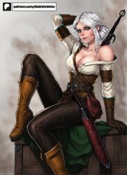 1girls 2d breasts brown_gloves cd_projekt_red ciri clothing female female_only freckles freckles_on_breasts freckles_on_face gloves green_eyes high_heel_boots leather_gloves light-skinned_female light_skin looking_at_viewer mascara scar sirbanshee solo solo_female sword the_witcher_(series) the_witcher_3:_wild_hunt white_hair