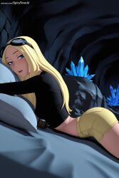 1girl ai_generated black_shirt blonde_hair blue_eyes blush dark_skin dc_comics eyewear_on_head goggles goggles_on_head hi_res high_quality high_resolution lips long_hair looking_at_viewer lying midriff on_bed on_stomach patreon seductive sexy shorts solo spicytoonai teen_titans terra_(dc) uncensored watermark