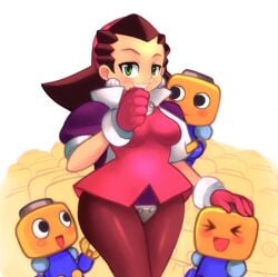 1girls breasts brown_hair capcom child_bearing_hips commentary_request crotch_plate curvy gloves green_eyes jacket leggings looking_at_viewer maebari mega_man mega_man_legends minidress miniskirt open_clothes open_jacket pantyhose robot rubbing servbot smile smiling standing tagme thick_thighs tron_bonne voluptuous voluptuous_female wide_hips wide_thighs