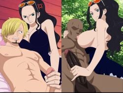 ai_generated angry_face big_breasts breasts dark-skinned_male erect erection excited female handjob huge_cock huge_penis interracial looking_at_viewer male nico_robin nico_robin_(dressrosa) nico_robin_(pre-timeskip) one_piece penis sanji sanji_(one_piece) sexy_body smile