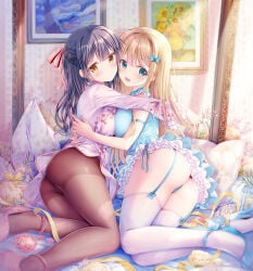 2girls armband ass black_hair blonde_hair blue_bow blue_dress blue_panties blue_shoes blush bow breast_press breasts brown_eyes brown_pantyhose china_dress chinese_clothes closed_mouth day dress female female_only floral_print flower frilled_dress frills from_side garter_straps green_eyes hair_bow high_heels highres holding hug inagaki_minami indoors large_breasts long_hair long_sleeves looking_at_viewer looking_to_the_side medium_breasts multiple_girls nanami_yuuno on_bed open_mouth original panties pantyhose petals picture_frame pillow pink_background pink_flower pink_rose pink_shoes print_dress purple_hair ribbon rose shoes short_dress sidelocks smile symmetrical_docking thighband_pantyhose thighhighs underwear very_long_hair white_dress white_thighhighs yellow_flower yellow_ribbon yellow_rose yuri