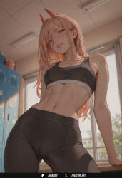 1girl ai_generated black_pants breasts chainsaw_man cross-shaped_pupils frenzyai horns indoors long_hair looking_at_viewer navel pants patreon_username power_(chainsaw_man) red_horns smile solo sports_bra sweat teeth